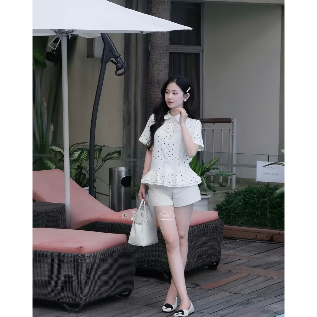 Áo sơ mi cổ sen chấm bi phối viền bèo tiểu thư JOLY, áo kiểu nữ, phong cách hàn