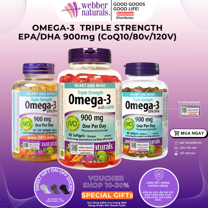 Dầu cá Triple Strength Omega-3 EPA/DHA 900mg with COQ10 hộp 80 viên thương hiệu Webber Naturals