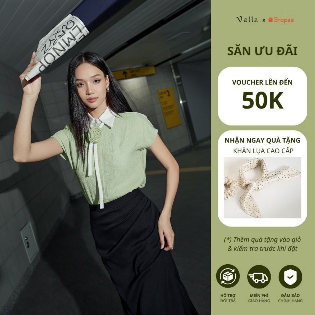 Áo sơ mi tay dơi caravat hoa hồng VA24100 VV24099 Vella Fashion