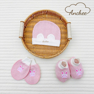 Set mũ bao tay bao chân sơ sinh cotton xuất Hàn Anchee cao cấp – Bộ mũ tai gấu mềm mịn, thoáng khí cho bé 0-6 tháng