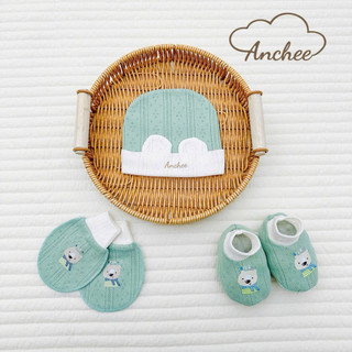 Set mũ bao tay bao chân sơ sinh cotton xuất Hàn Anchee cao cấp – Bộ mũ tai gấu mềm mịn, thoáng khí cho bé 0-6 tháng