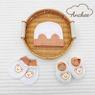 Set mũ bao tay bao chân sơ sinh cotton xuất Hàn Anchee cao cấp – Bộ mũ tai gấu mềm mịn, thoáng khí cho bé 0-6 tháng