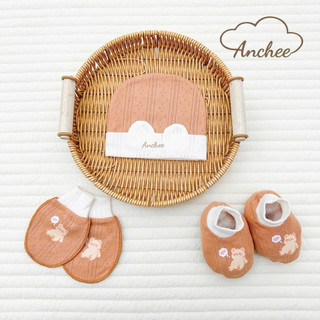 Set mũ bao tay bao chân sơ sinh cotton xuất Hàn Anchee cao cấp – Bộ mũ tai gấu mềm mịn, thoáng khí cho bé 0-6 tháng