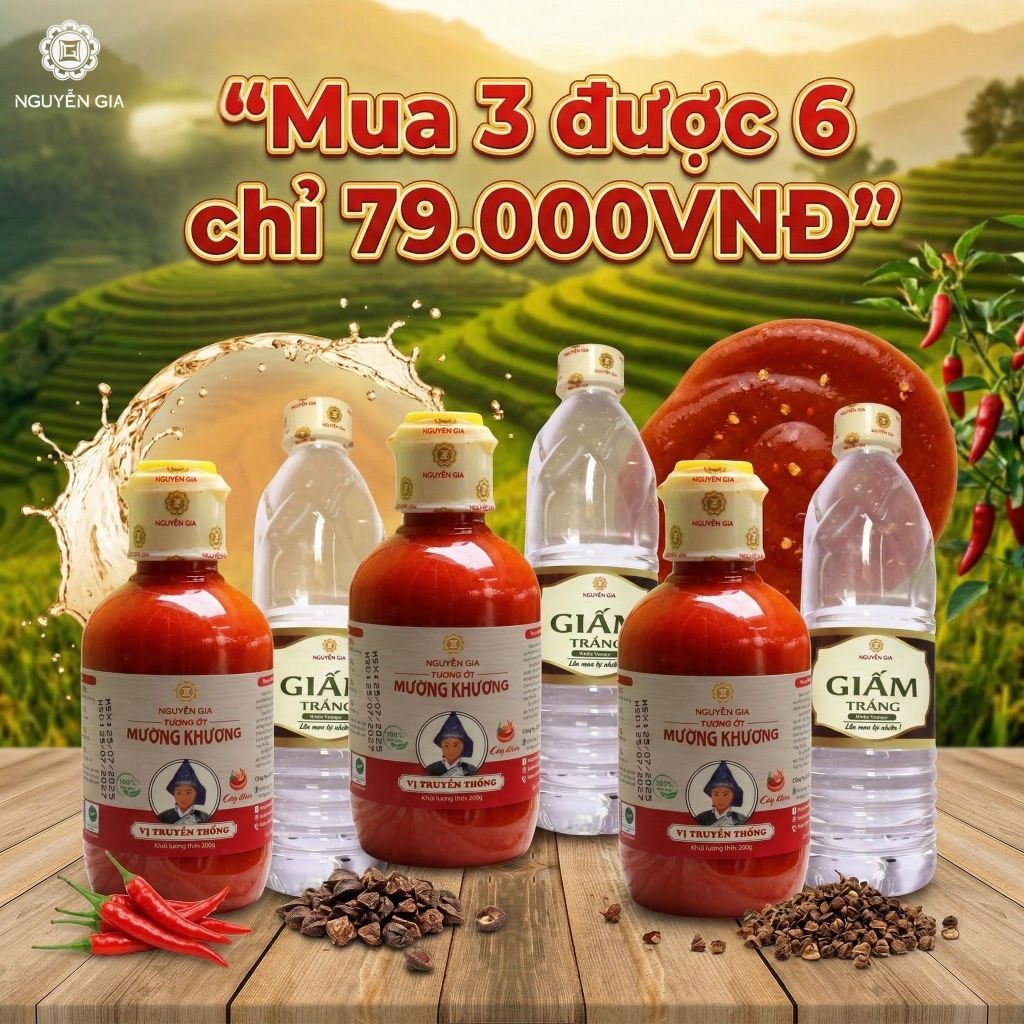 COMBO 3 TẶNG 3 Mua 3 Tương Ớt Mường Khương Truyền Thống Cay Đậm 250ml Tặng 3 Giấm Trắng 500ml NGCBTK001