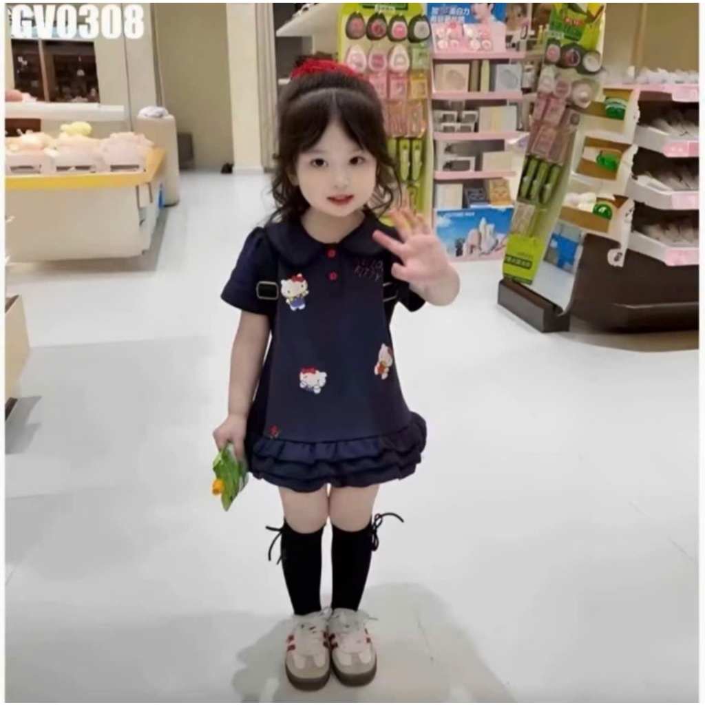 Váy polo bé gái bèo tầng từ 9kg-35kg Đầm bé gái dễ thương Hello Kitty, chất vải polo thoáng mát