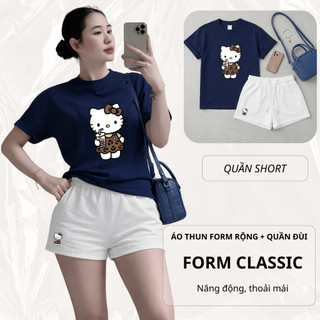 Bộ Áo Phông Nữ Chepol in Mèo kitty, Cổ Tròn, Tay Ngắn, Phối Quần Đùi, Chất Cotton ( Áo Thun Hồng+Quần Đùi Trắng)CP_21555
