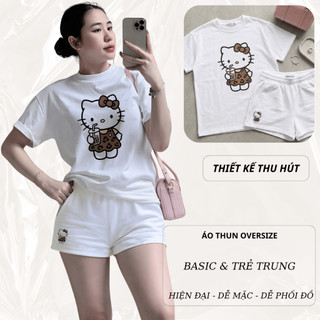 Bộ Áo Phông Nữ Chepol in Mèo kitty, Cổ Tròn, Tay Ngắn, Phối Quần Đùi, Chất Cotton ( Áo Thun Hồng+Quần Đùi Trắng)CP_21555
