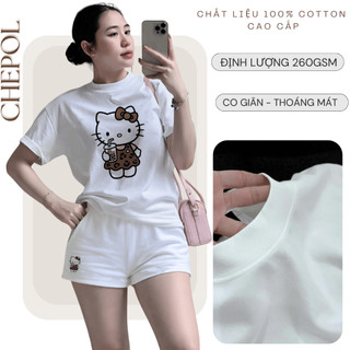 Bộ Áo Phông Nữ Chepol in Mèo kitty, Cổ Tròn, Tay Ngắn, Phối Quần Đùi, Chất Cotton ( Áo Thun Hồng+Quần Đùi Trắng)CP_21555