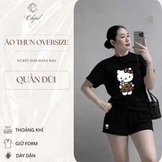 Bộ Áo Phông Nữ Chepol in Mèo kitty, Cổ Tròn, Tay Ngắn, Phối Quần Đùi, Chất Cotton ( Áo Thun Hồng+Quần Đùi Trắng)CP_21555