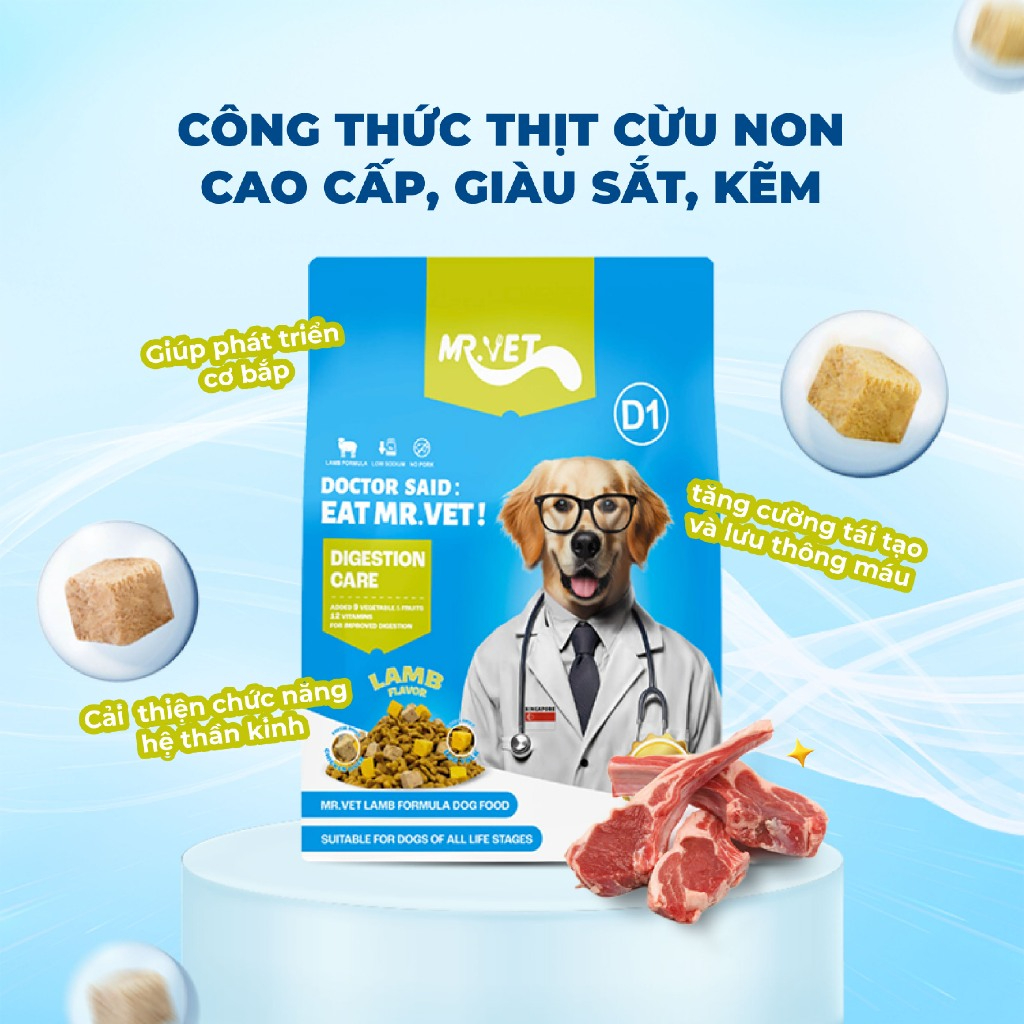 Thức ăn cho chó Mrvet D1 1.4kg Công thức thịt cừu Chăm sóc tiêu hóa với Gan gà & Lòng đỏ trứng sấy cải thiện sức khỏe