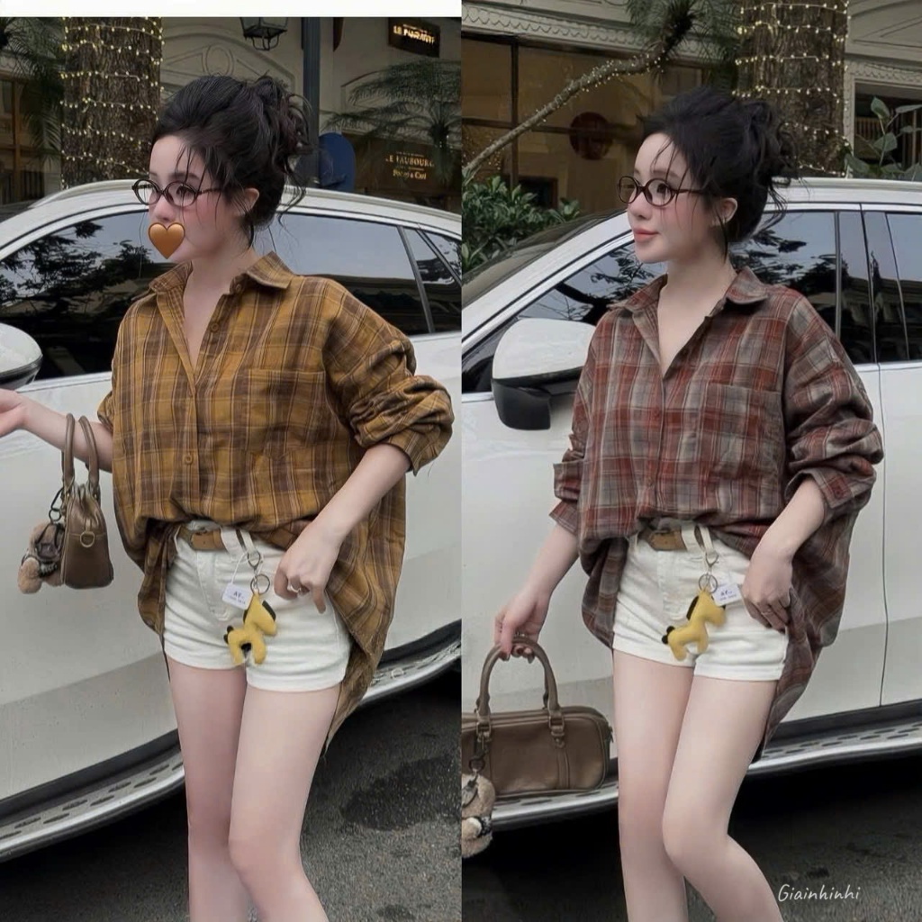 Áo sơ mi kẻ dài tay Theone, Sơ mi kiểu phom rộng dáng dài SM26100-B2TN - NhiNhi Shop | BigBuy360 - bigbuy360.vn
