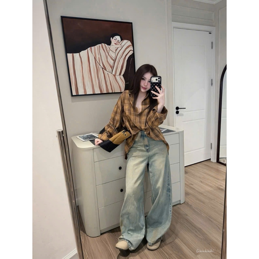 Áo sơ mi kẻ dài tay Theone, Sơ mi kiểu phom rộng dáng dài SM26100-B2TN - NhiNhi Shop | BigBuy360 - bigbuy360.vn