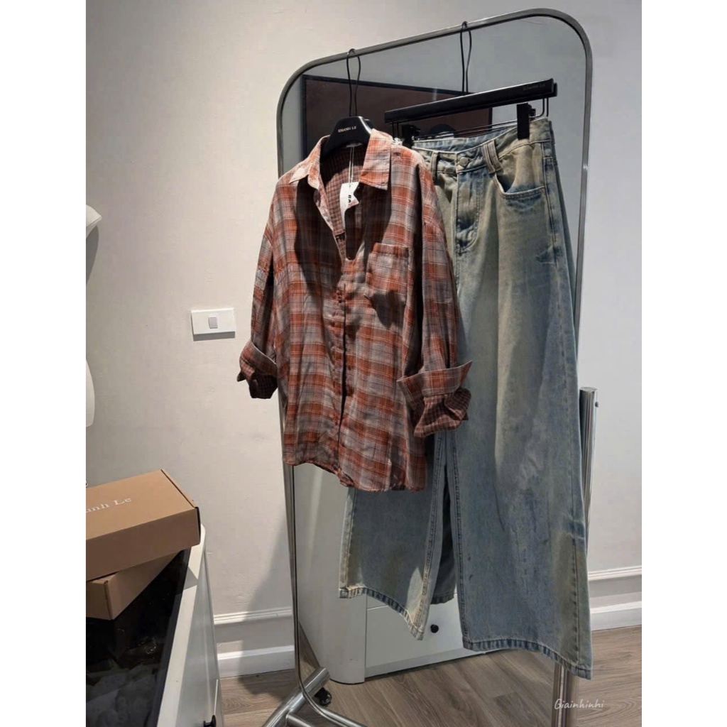 Áo sơ mi kẻ dài tay Theone, Sơ mi kiểu phom rộng dáng dài SM26100-B2TN - NhiNhi Shop | BigBuy360 - bigbuy360.vn