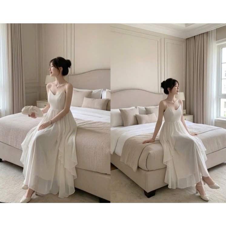 Set Váy  Maxi  Nữ Hai dây  Chất Voan  Tơ 3 Lớp Bèo Tầng Tiểu thư/ váy đi biển dáng tiểu thư nhẹ nhàng