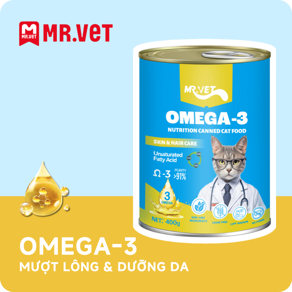 Thức ăn cho mèo Mr Vet Dạng Pate Lon 400G - 100% từ thịt thật Mượt Lông, Lượng Protein >30%