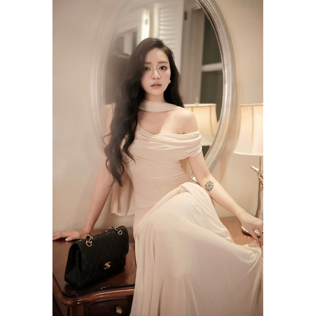 LASY Thời Trang Nữ| Đầm Dự Tiệc Body Trễ Vai Chất Thun Lưới Kèm Khăn Choàng