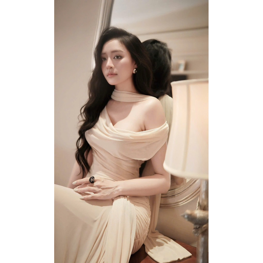 LASY Thời Trang Nữ| Đầm Dự Tiệc Body Trễ Vai Chất Thun Lưới Kèm Khăn Choàng