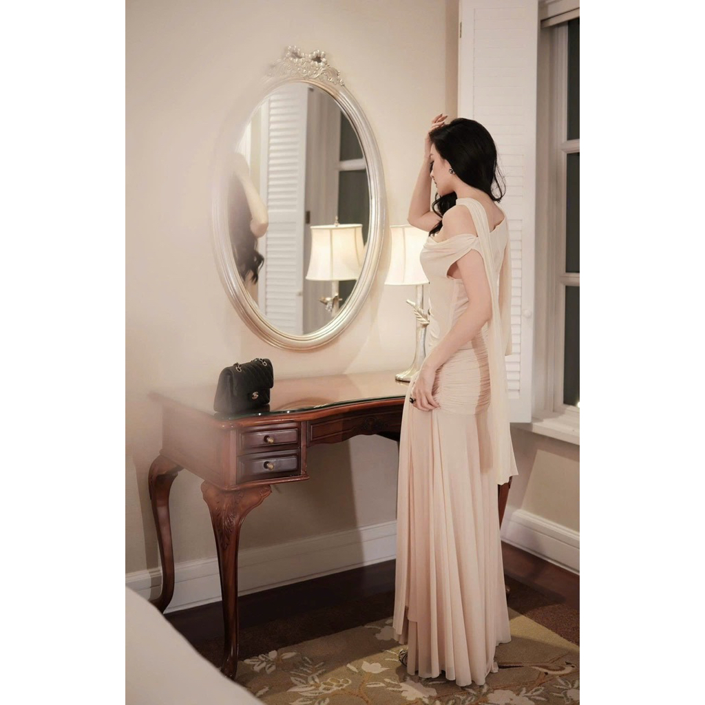 LASY Thời Trang Nữ| Đầm Dự Tiệc Body Trễ Vai Chất Thun Lưới Kèm Khăn Choàng