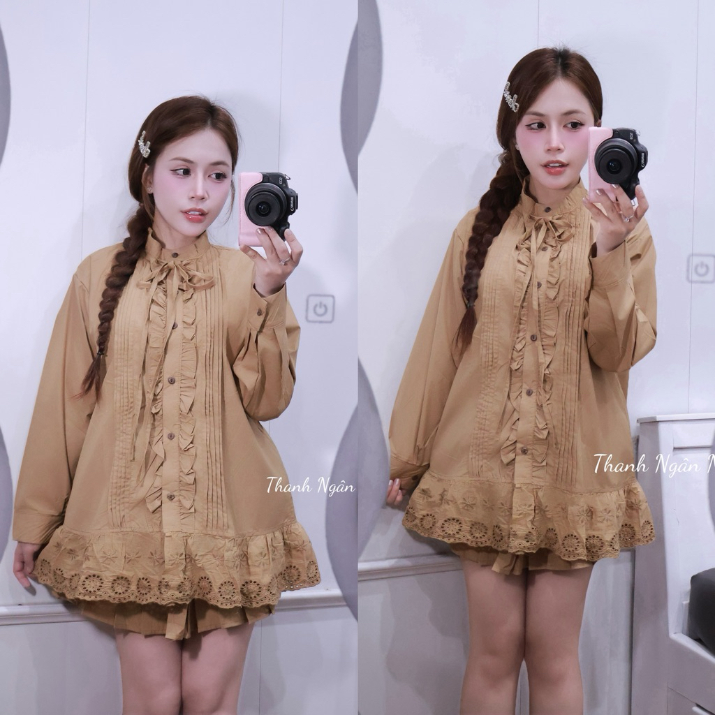 [Sẵn M]Sét áo babydoll phối ren bèo kèm chân váy tầng S14 SM