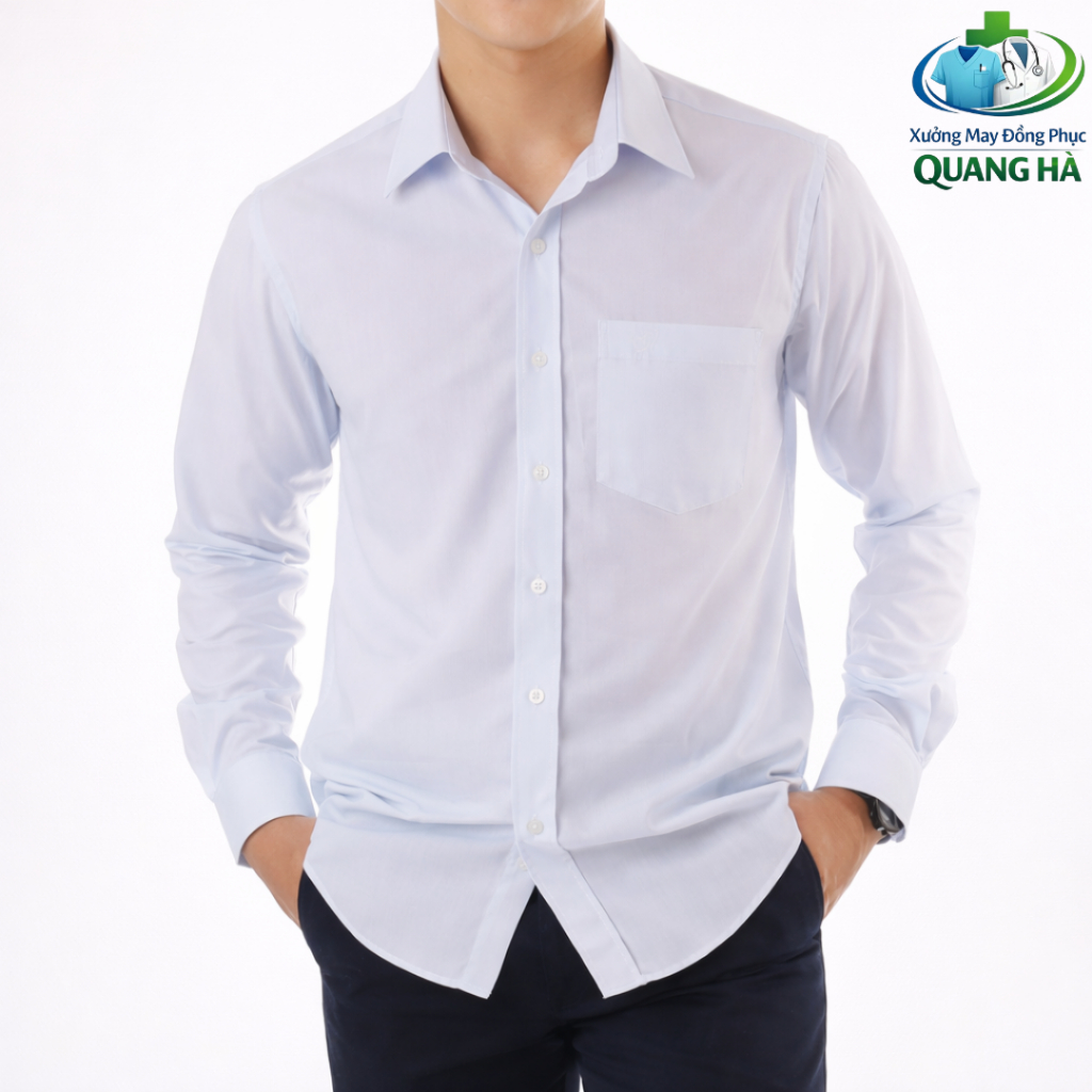 Áo Sơ Mi Nam Nữ Đẹp Vải KATE Thun Màu Trắng Xanh Cho Học Sinh Cấp 1 2 3 Co Giãn Nhẹ Vạt Ngang Form Ngắn Có Túi Đồng Phục