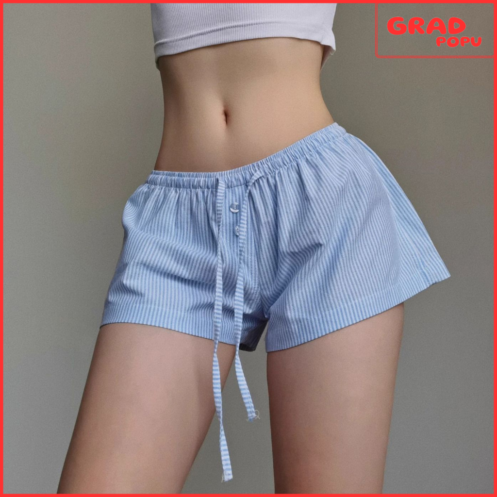 Quần short nữ GRADPOPU cạp chun sọc xanh dáng rộng, quần đùi tôn mông dây rút co giãn mát mẻ QN11