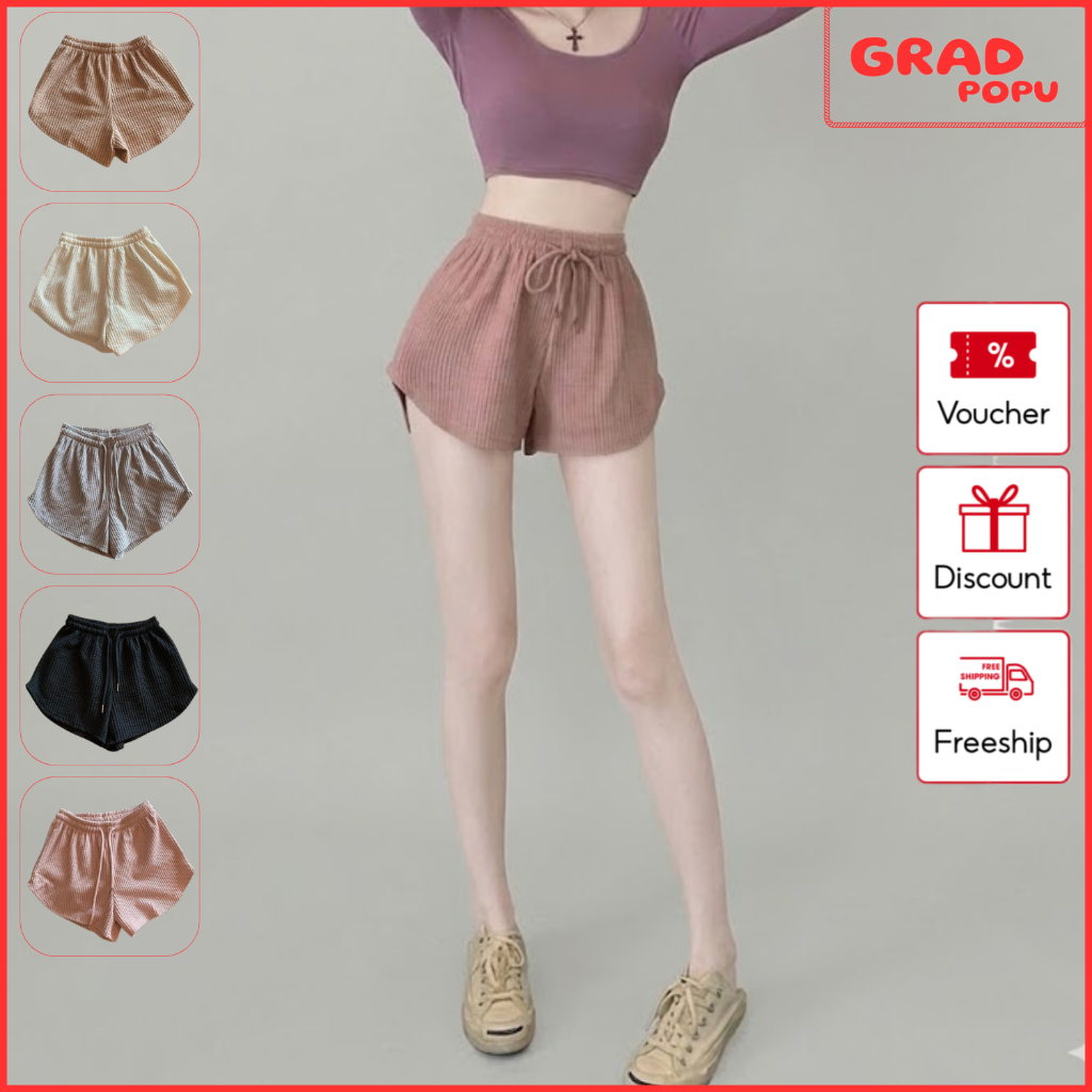 Quần short nữ GRADPOPU lưng thun dây rút dáng rộng vải gân waffle co giãn thoáng mát dễ phối đồ QN10
