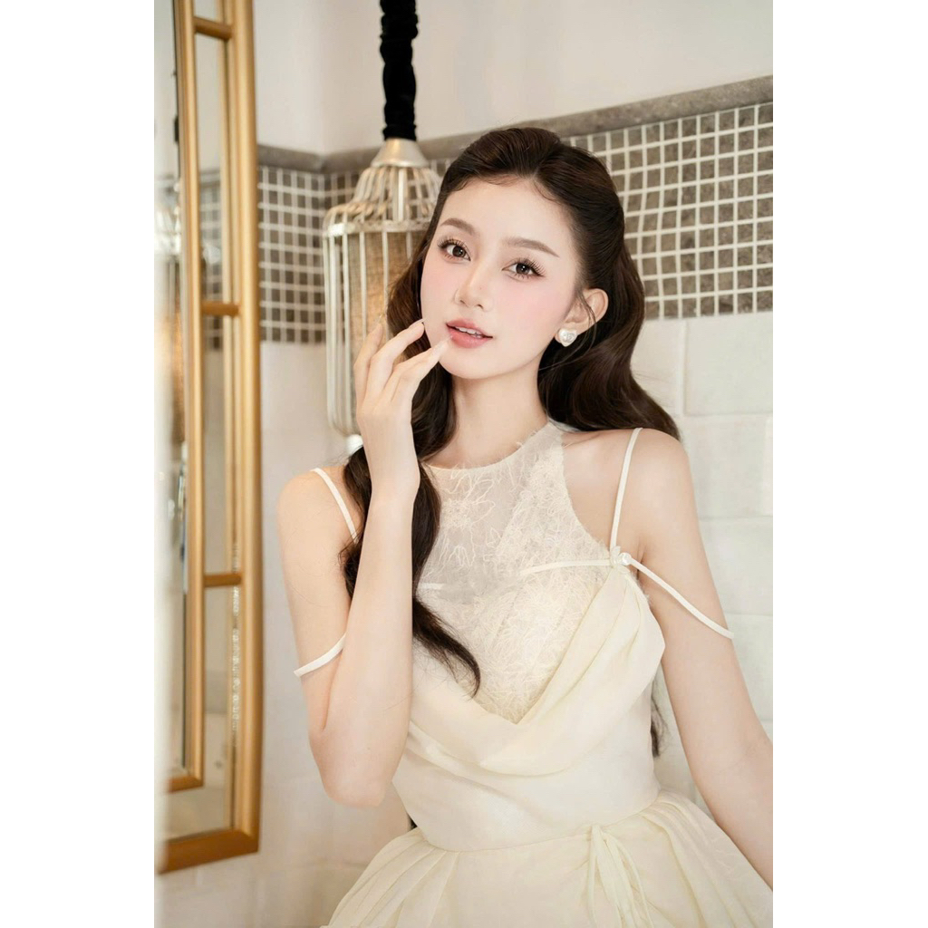 LASY Thời Trang Nữ| Đầm Váy Cổ Yếm Dáng Bí Vải Ren Phối Lông