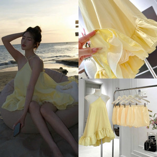 (Hàng loại 1) Đầm yếm cột nơ lưng chất dáng babydoll xoè bồng Triệu Lộ Tư kèm quần bảo hộ - Vàng - SEP House