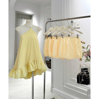 (Hàng loại 1) Đầm yếm cột nơ lưng chất dáng babydoll xoè bồng Triệu Lộ Tư kèm quần bảo hộ - Vàng - SEP House