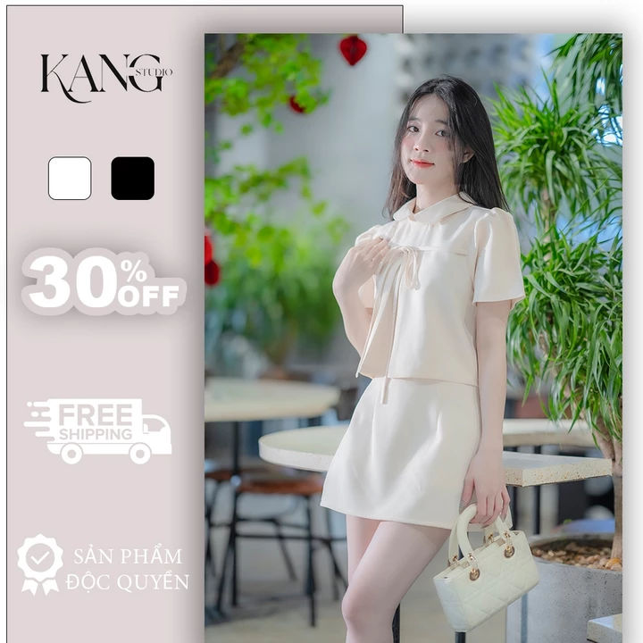 KangStudio - Set Váy Nữ Tweed Hàn Quốc – Set Tiểu Thư Nhẹ Nhàng, Cổ bẻ Nơ Ngực Xinh, Form Chuẩn Hack Dáng