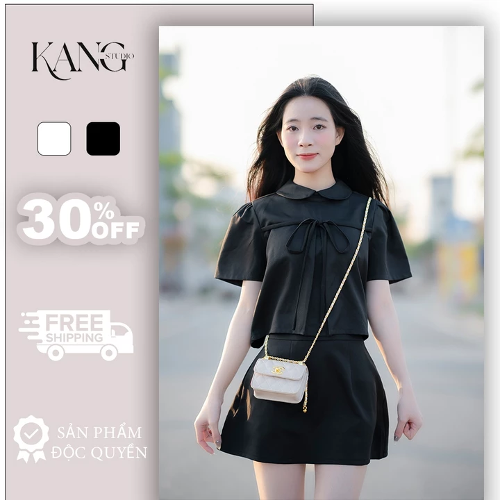 KangStudio - Set Váy Nữ Tweed Hàn Quốc – Set Tiểu Thư Nhẹ Nhàng, Cổ bẻ Nơ Ngực Xinh, Form Chuẩn Hack Dáng