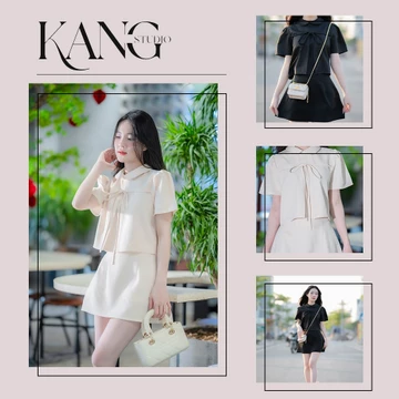 KangStudio - Set Váy Nữ Tweed Hàn Quốc – Set Tiểu Thư Nhẹ Nhàng, Cổ bẻ Nơ Ngực Xinh, Form Chuẩn Hack Dáng