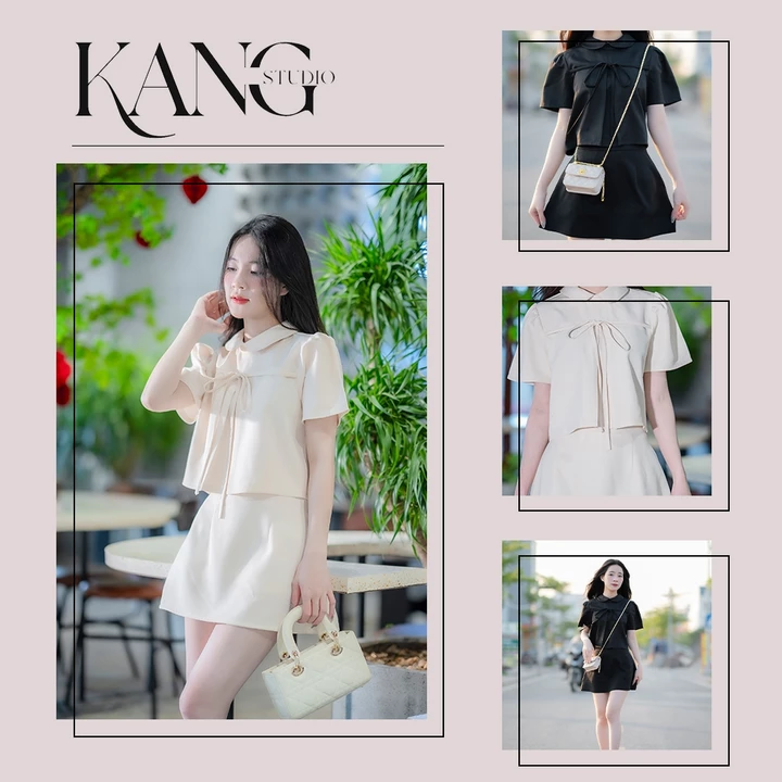 KangStudio - Set Váy Nữ Tweed Hàn Quốc – Set Tiểu Thư Nhẹ Nhàng, Cổ bẻ Nơ Ngực Xinh, Form Chuẩn Hack Dáng