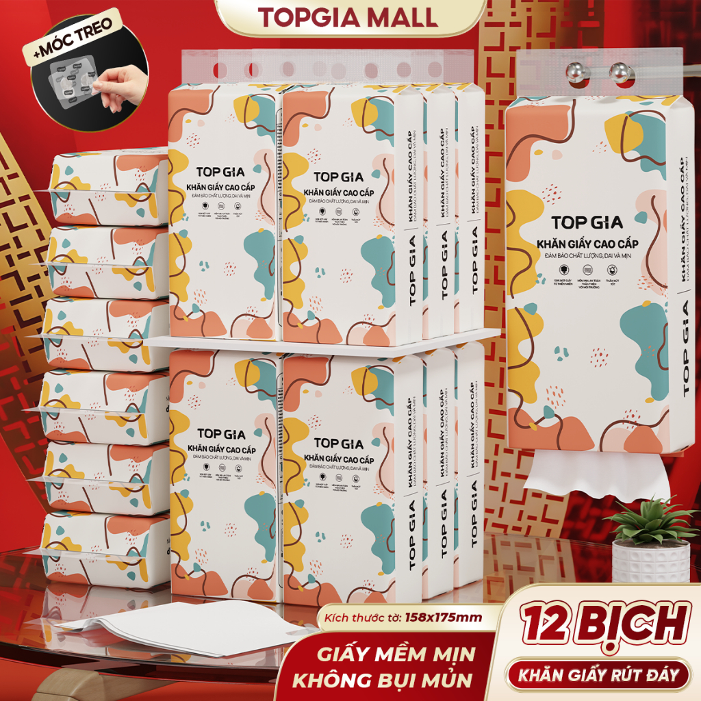 [TẶNG MÓC - SIZE TO] Combo 12 Bịch Khăn Giấy Top Gia Đa Sắc 1280 Tờ 4 Lớp Giấy Rút Mềm Mịn Dày Dai