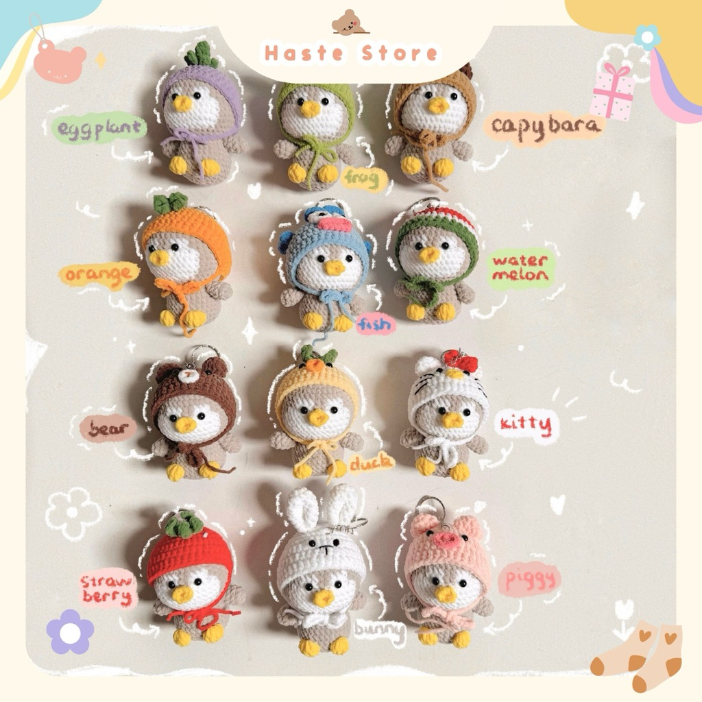 Móc Khoá Len Nhung Chim Cánh Cụt Mang Yếm Đội Mũ Trái Cây Thú Handmade Màu Pastel Quà Tặng Dễ Thương Độc Đáo