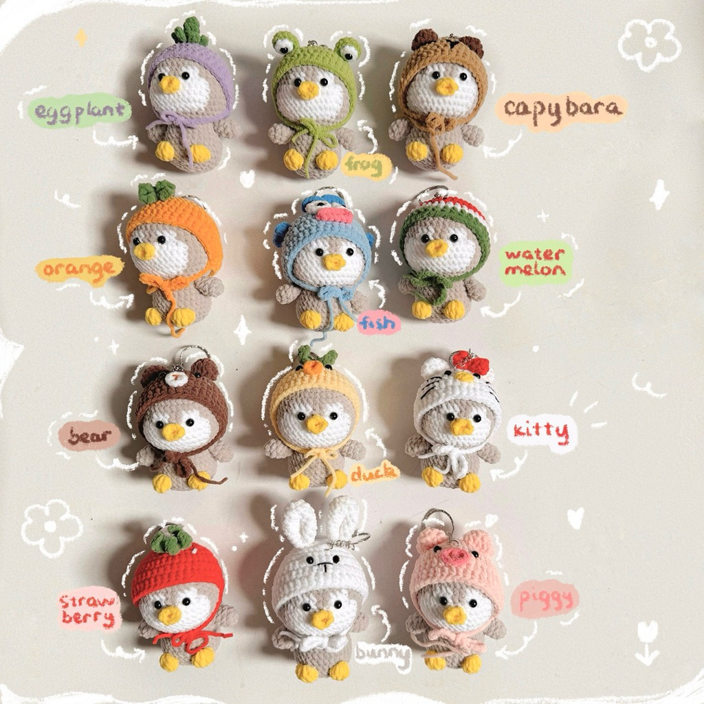 Móc Khoá Len Nhung Chim Cánh Cụt Mang Yếm Đội Mũ Trái Cây Thú Handmade Màu Pastel Quà Tặng Dễ Thương Độc Đáo