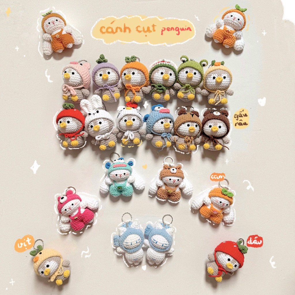 Móc Khoá Len Nhung Chim Cánh Cụt Mang Yếm Đội Mũ Trái Cây Thú Handmade Màu Pastel Quà Tặng Dễ Thương Độc Đáo