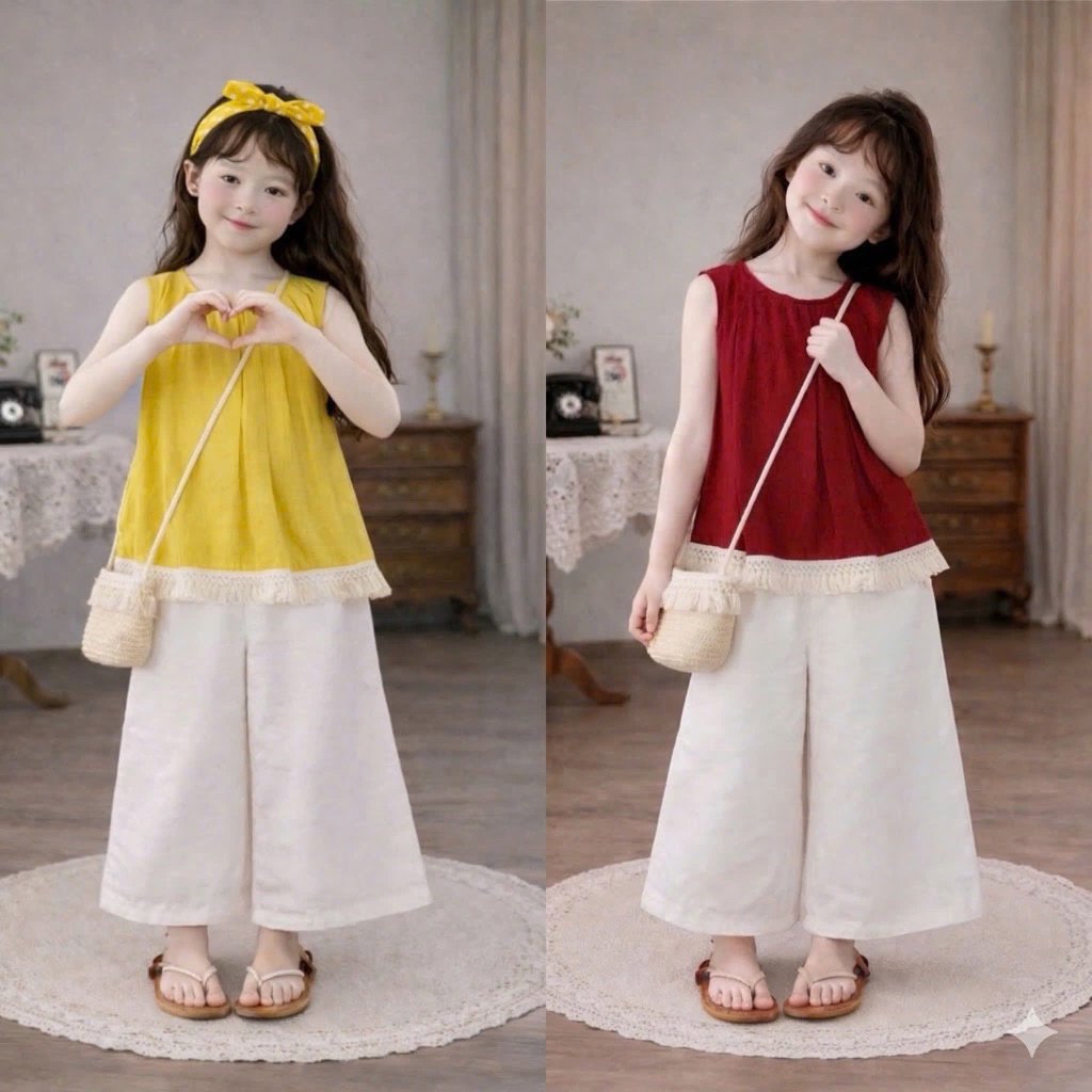 (10-37kg)Set Bé Gái Áo Đỏ,Vàng Sát Nách Phối Ren Tua Rua + Quần Trắng tặng Kèm Túi Cói Xinh Xắn