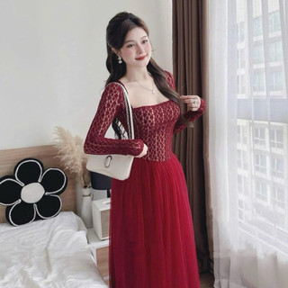 đầm ren cổ vuông phối chân váy lưới xinh sang chảnh