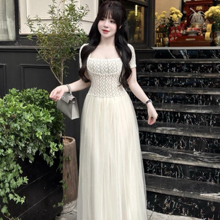 đầm ren cổ vuông phối chân váy lưới xinh sang chảnh