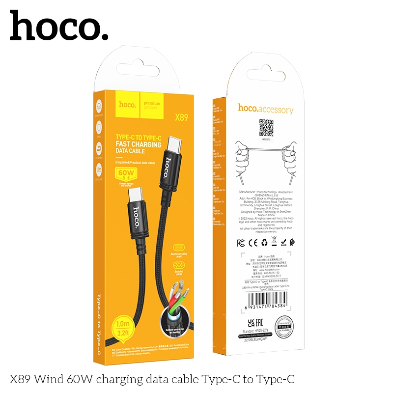 [Cáp Sạc Nhanh Hoco X89] Type-C to Type-C PD 60W – Cáp Sạc Laptop, Điện Thoại, Máy Tính Bảng – Dài 1m