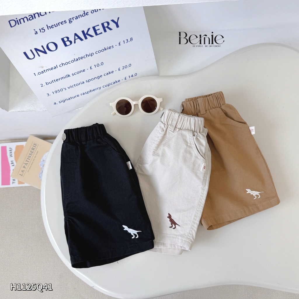 Quần kaki thêu khủng long Dino cho bé trai, quần short kaki basic trơn màu bé trai mềm