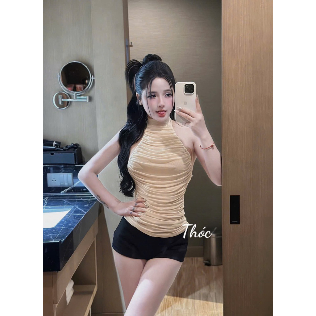 Áo body nhún cổ yếm mix đồ gợi cảm