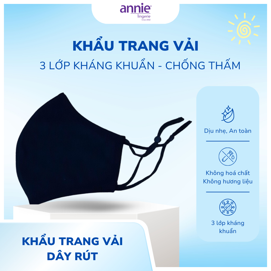 Thời trang nữ khẩu trang vải annie dây rút 3 lớp điều chỉnh, giặt lại được