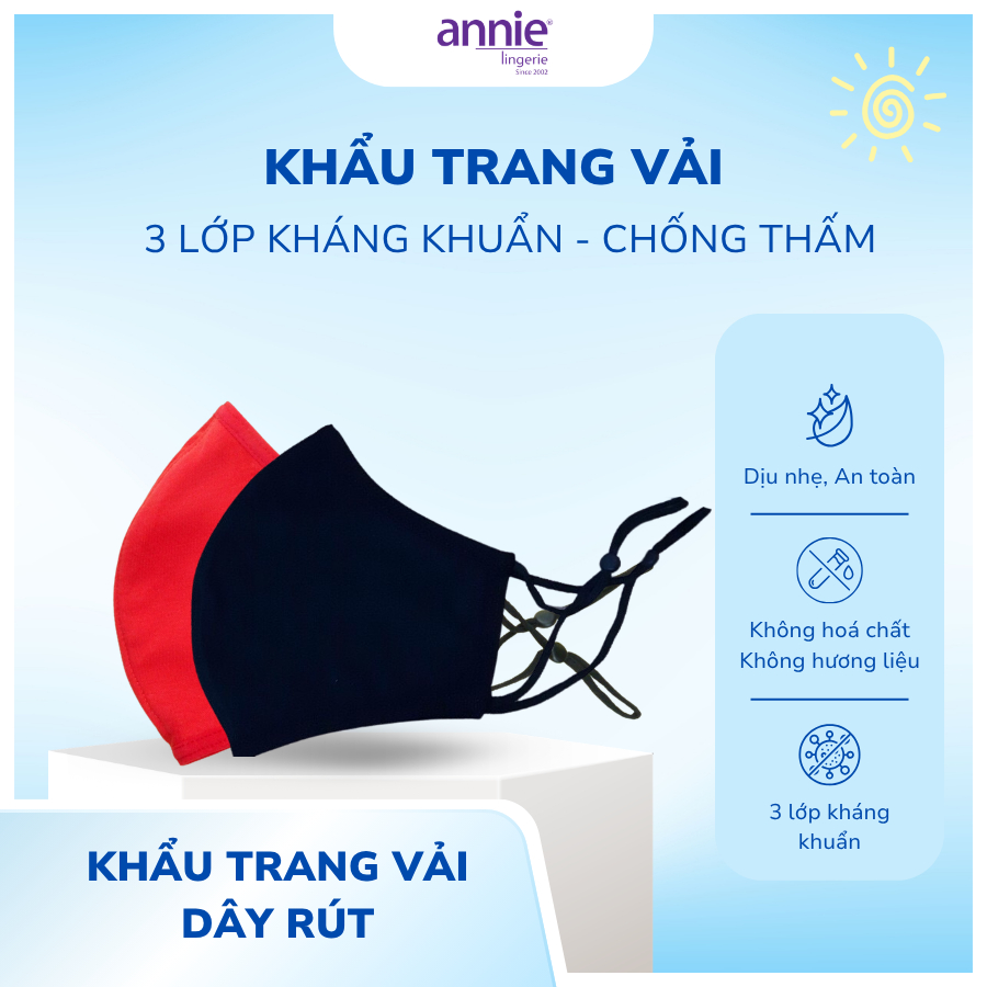 Thời trang nữ khẩu trang vải annie dây rút 3 lớp điều chỉnh, giặt lại được