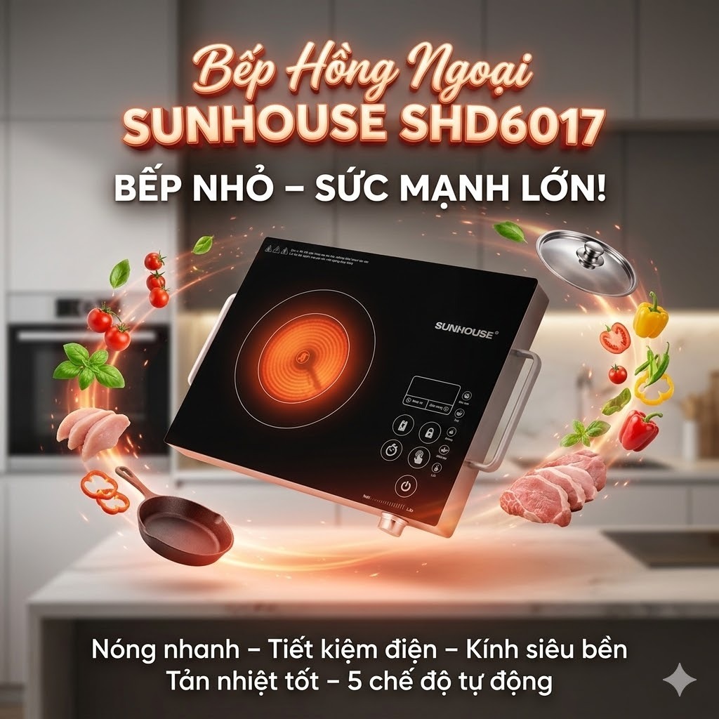 Bếp Hồng Ngoại SUNHOUSE SHD6017 Cao Cấp – Bếp Điện Hồng Ngoại Nấu Nhanh, Mặt Kính Chịu Nhiệt Bền Bỉ, Sử Dụng Được Mọi Lo