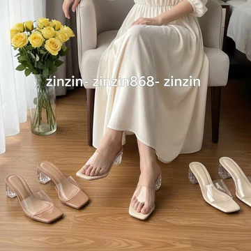 zinzin868- Guốc Quai Trong 5cm Nữ Cao Gót 5F Dép Trong Sang Chảnh Dễ Phối ĐồGuốc nữ ms1- Guốc quai trong 1 bản gót trụ