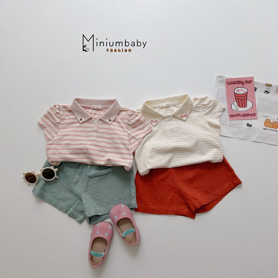 Set bộ cộc tay bé gái tay bồng Miniumbaby cổ cúc đính nơ mix quần linen, chất áo cotton mềm SB2668