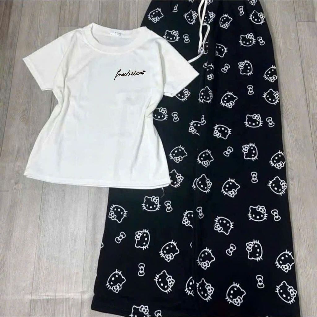 Sét Áo Thun Ngắn Tay From Babytee Logo Chữ Kí Mix Quần Dài Cạp Trắng Hoạ Tiết Mèo Kitty Đáng Yêu