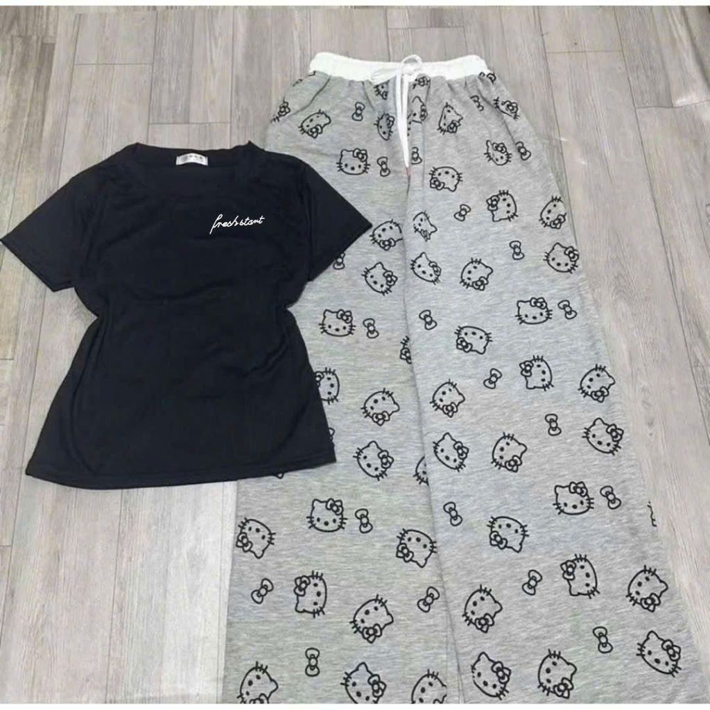 Sét Áo Thun Ngắn Tay From Babytee Logo Chữ Kí Mix Quần Dài Cạp Trắng Hoạ Tiết Mèo Kitty Đáng Yêu